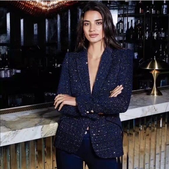 NWT L'Agence Chamberlain Sequin Tweed Blazer Jackrt In Navy - Picture 2 of 15